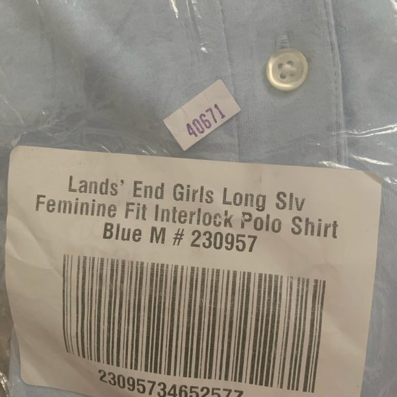 NWT LANDS' END GIRLS LONG SLEEVE FEMININE FIT INTERLOCK POLO SHIRT BLUE MEDIUM - Picture 4 of 4